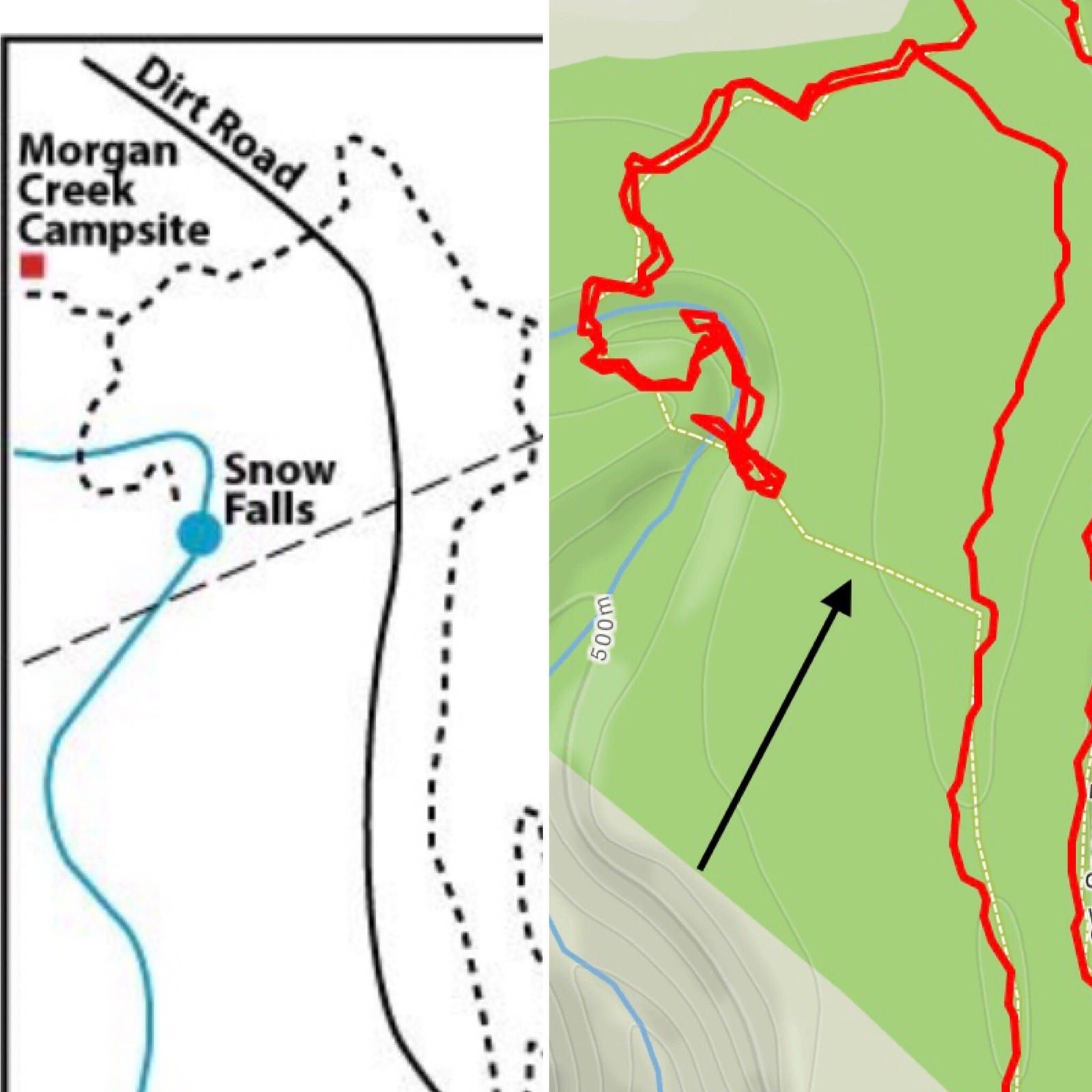 A photo of a map indicating where the map is incorrect. The highlighted section doesn't exist.