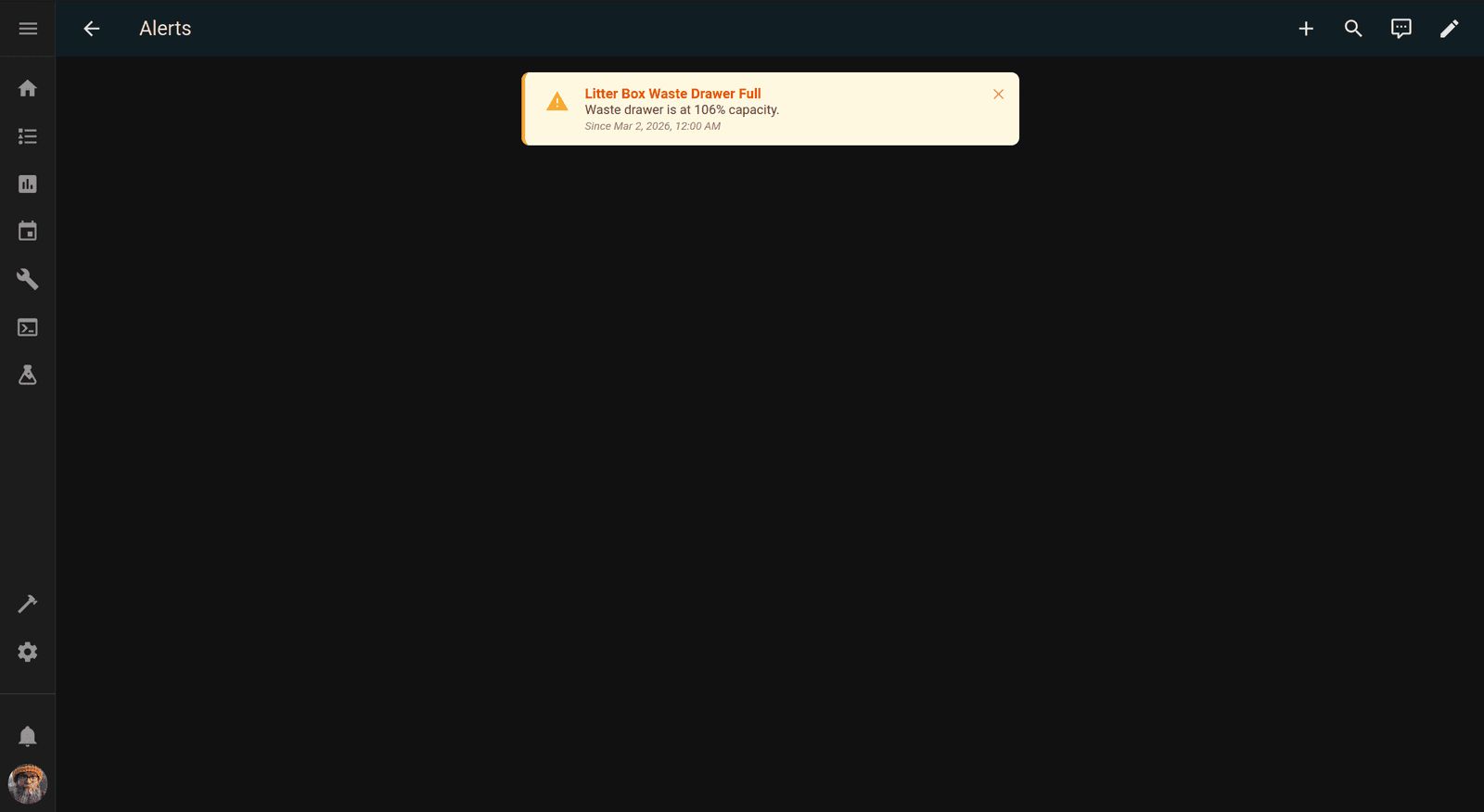 Alerts dashboard showing a Litter Box Waste Drawer Full warning at 106% capacity