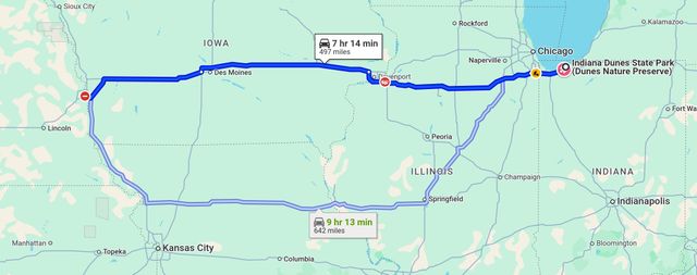 Screenshot of Google maps route from Indian Dunes State Park to Omaha, NE. 7h 14mins, 497 miles.