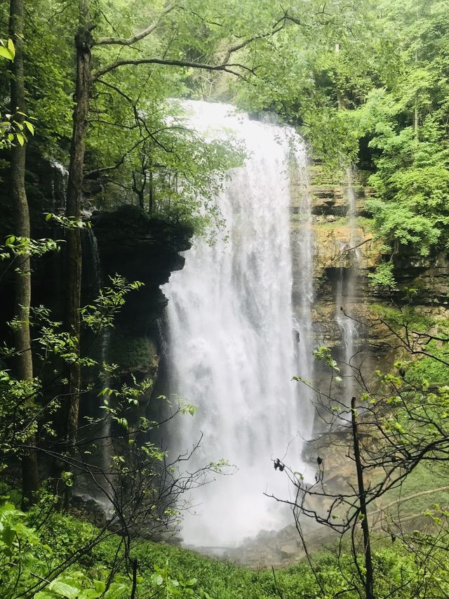 A large, full waterfall. Virgin falls.