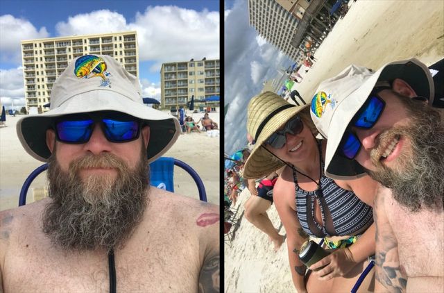 Two photo collage. First, Mike by himself wearing a flopping sun hat. Second, a self with Rachelle who's wearing a flopping hat and holding a bear. On a beach.