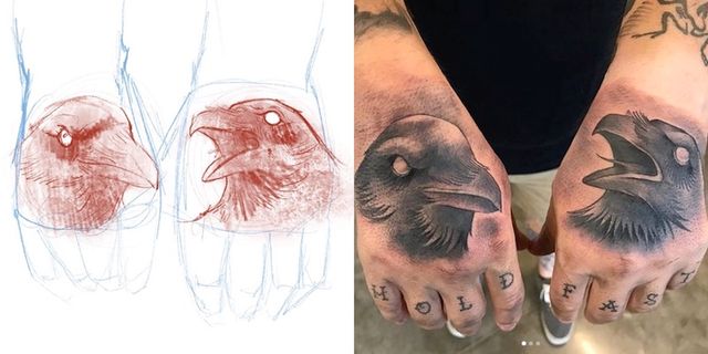 A sketch of a raven head tattoo with photo of Mike's hands with newly tattooed raven heads on them. Collage.