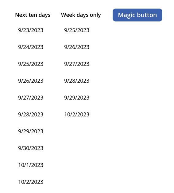 Screenshot of a Power Apps gallery showing ten dates in a row.