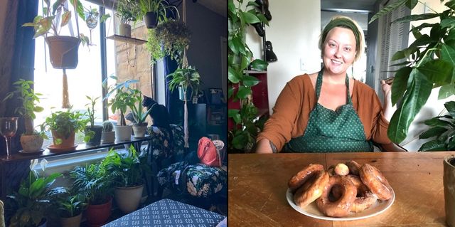 Two photo collage of the plants in our apartment. Front window with lots of plants and Rachelle posing with our first donuts and lots of plants around.