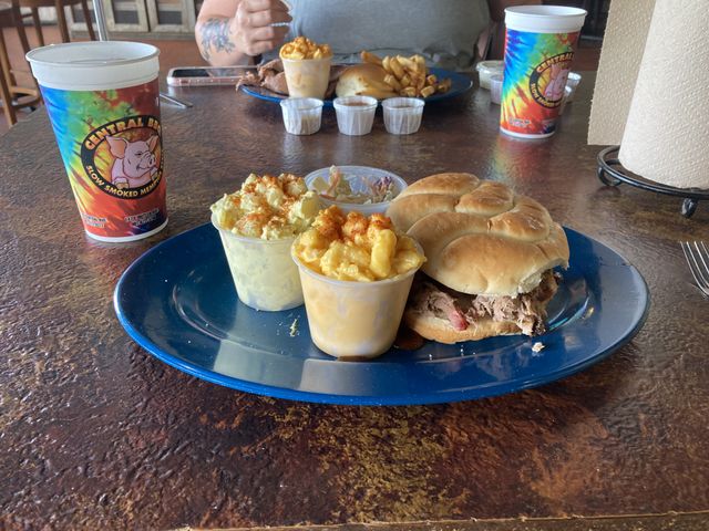 A close up view of Mikes plate with pulled pork sandwich, mac n cheese and potato salad sides.