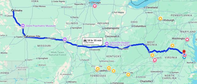 Google maps screenshot of the route form Omaha NE to Richmond VA.